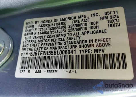 2011 Honda Accord Crosstour Ex-L из США, поврежденный, VIN 5J6TF2H55BL006041